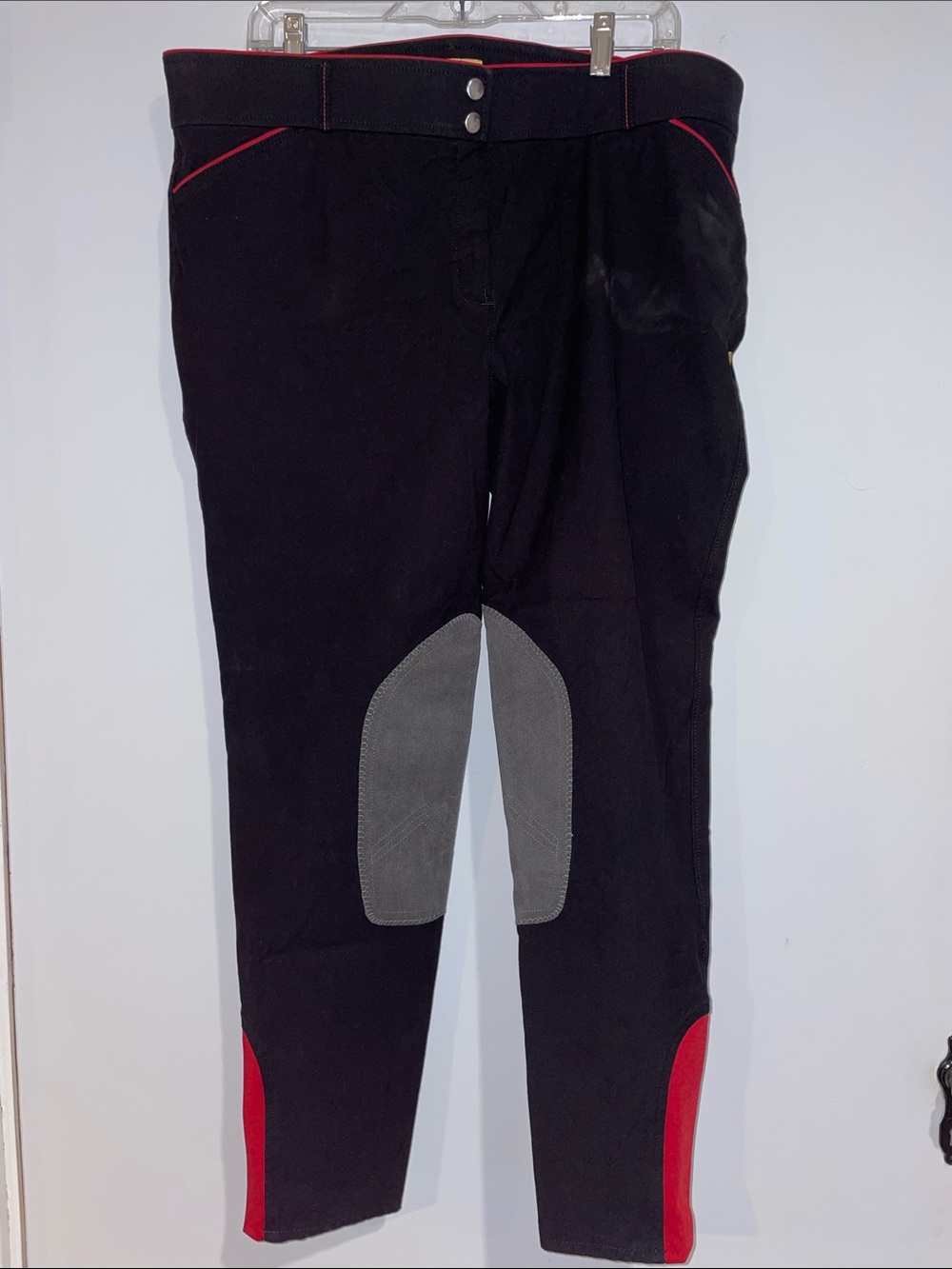 Men's Black Riding Breeches with Red Trim and Gray Knee Patches • Sz 36